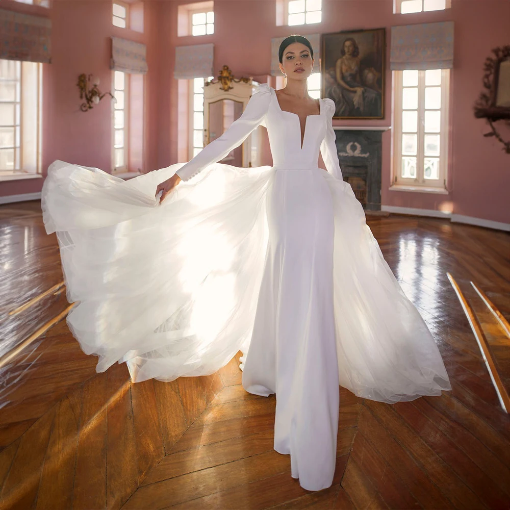 

Square Collat Satin Wedding Dresses for Bridal Mermaid Long Sleeve Wedding Gown with Removable Tulle Court Свадебное платье