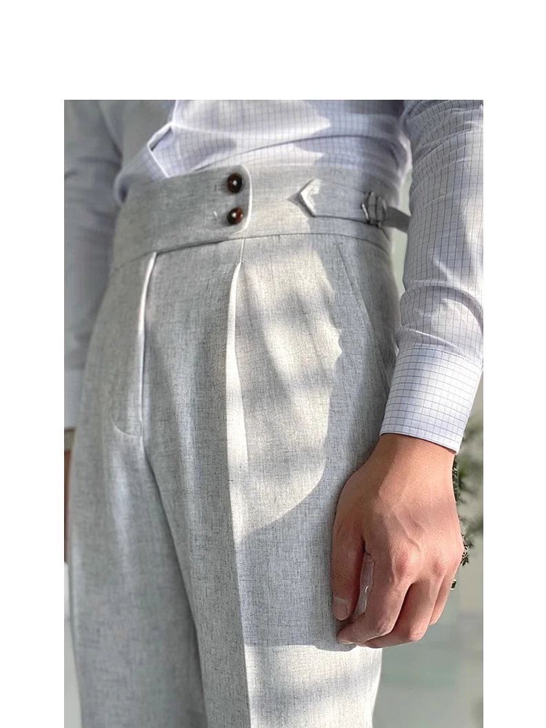 Italian Neapolitan Cotton Linen Men's High Waist Pants Paris Button Design Classic Briti Retro Suit Pants Straight Leg Casu...