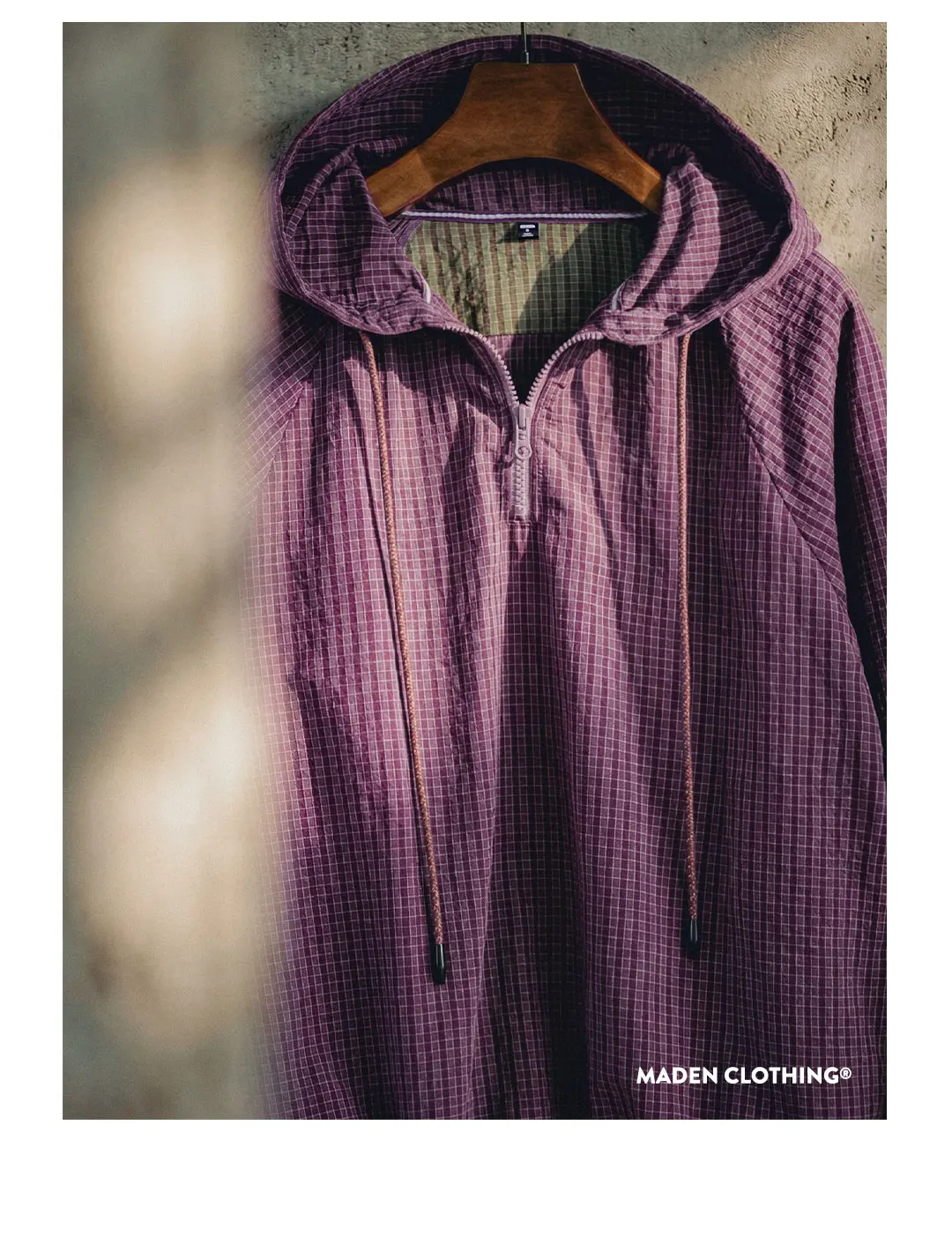 Maden Women's Oversized Half Zip Hoodie Utility Sports Sweatshirt Purple Plaid Lightweight Long Sleeve Pullover For Spring