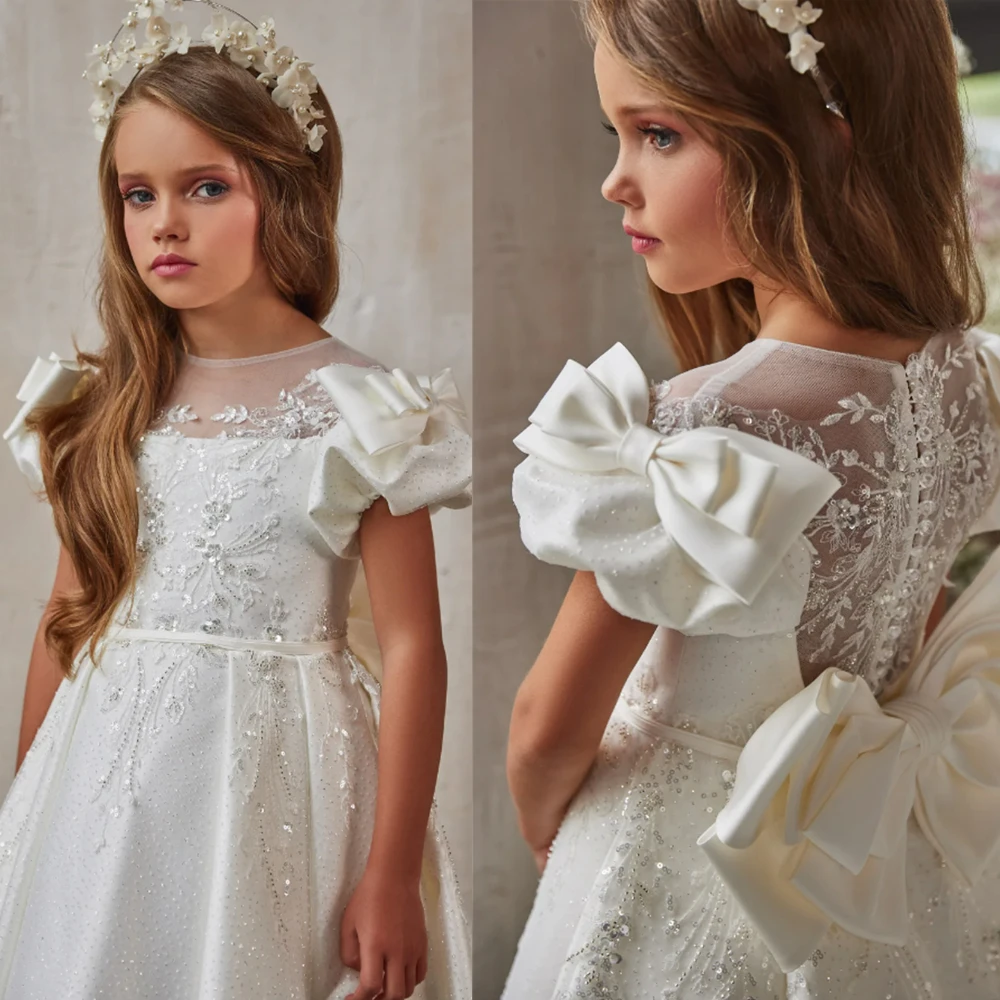 Satin Flower Girl Dress White Applique Lace for Wedding Neck Todder Puffy Princess Evening Party First Communion Ball Gown 1