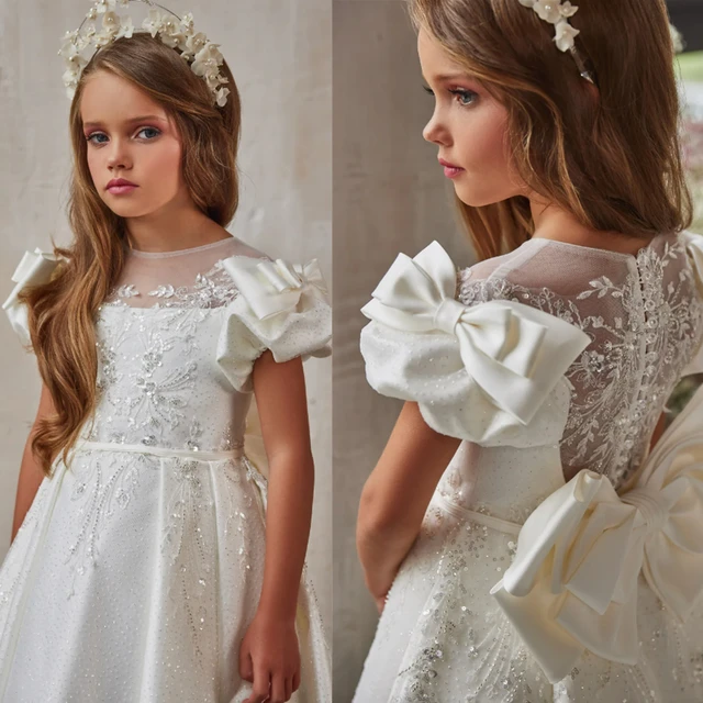 Satin Flower Girl Dress White Applique Lace for Wedding Neck Todder Puffy Princess Evening Party First Communion Ball Gown 1