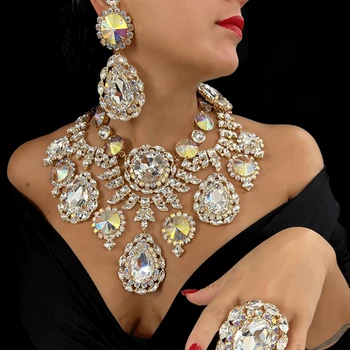 Water Drop Exaggerated Jewelry Sets Queen Accessories Statement Colorful Rhinestone Necklace Set for Women
