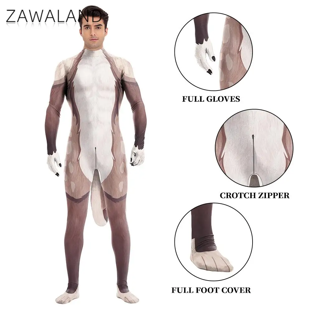 Zawaland Men Sika Deer Cosplay Costume Animal Elk Petsuit Fancy Carnival Bodysuit Party Disguise Zentai Suit Festival Catsuit