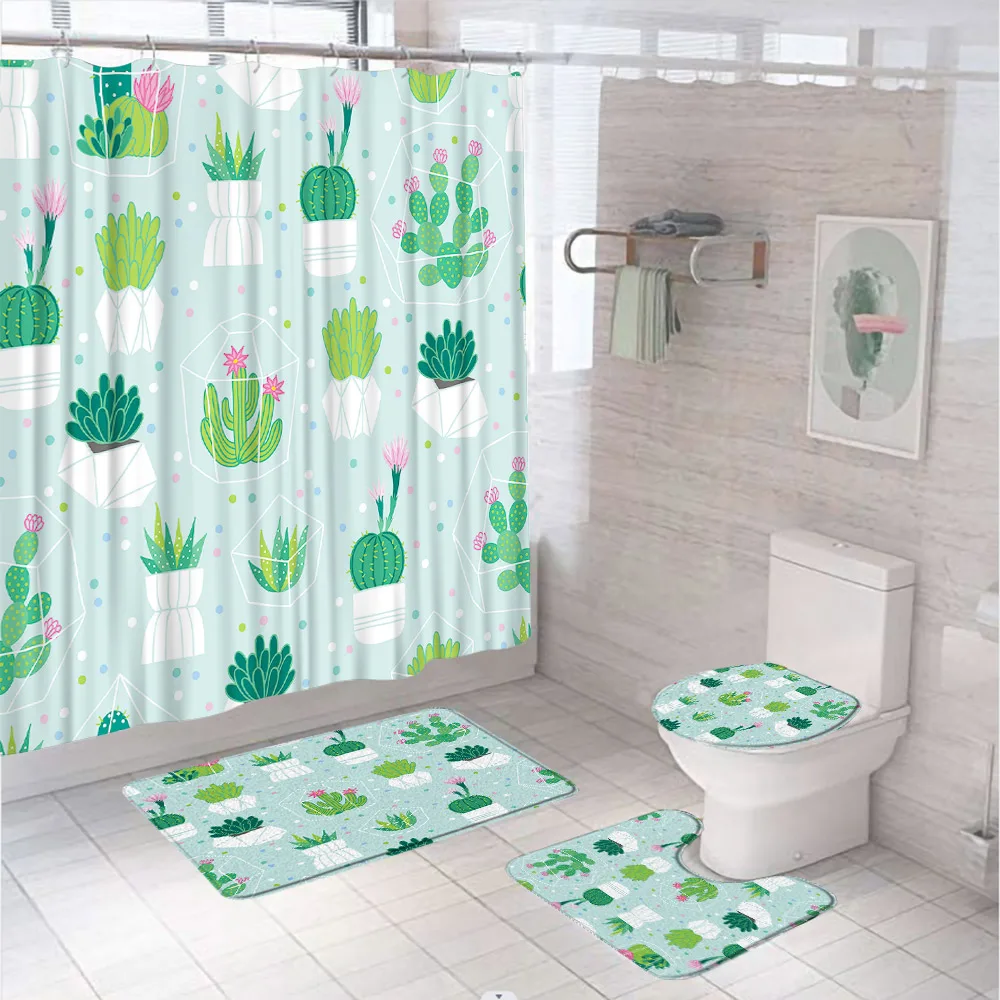 

Plants Potted Shower Curtain Set Green Cactus Succulent Flower Tropical Garden Rustic Bathroom Decor Screen Toilet Rug Bath Mat