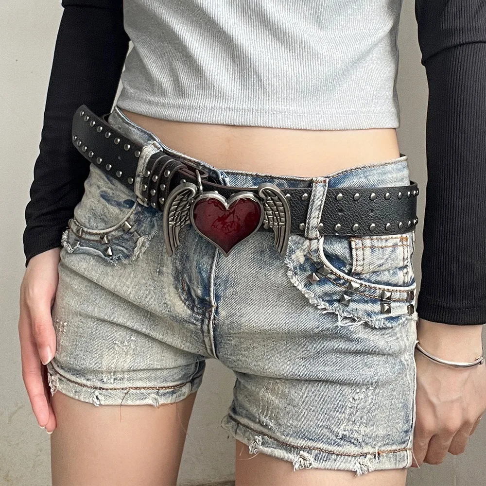 Casual Trendy Punk Rivet Belts Y2k Double Hole Eyelet Grommet Gothic Waistband Versatile Buckle Waist Belt