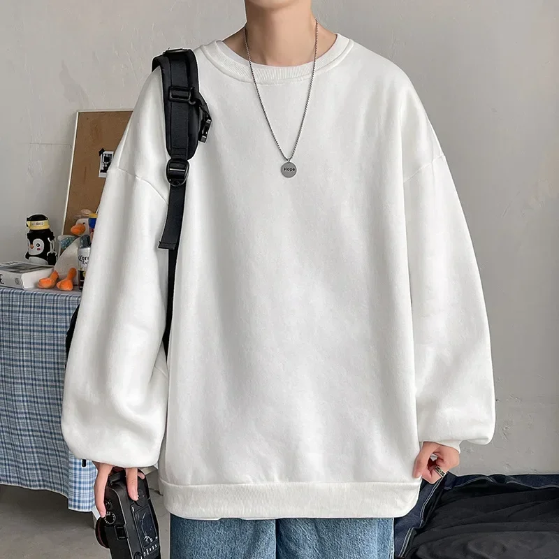 New Hong Kong Style Large Size Solid Round Neck Sweater Pullover Casual Loose Fitting Men's Japanese Long Jacket Men