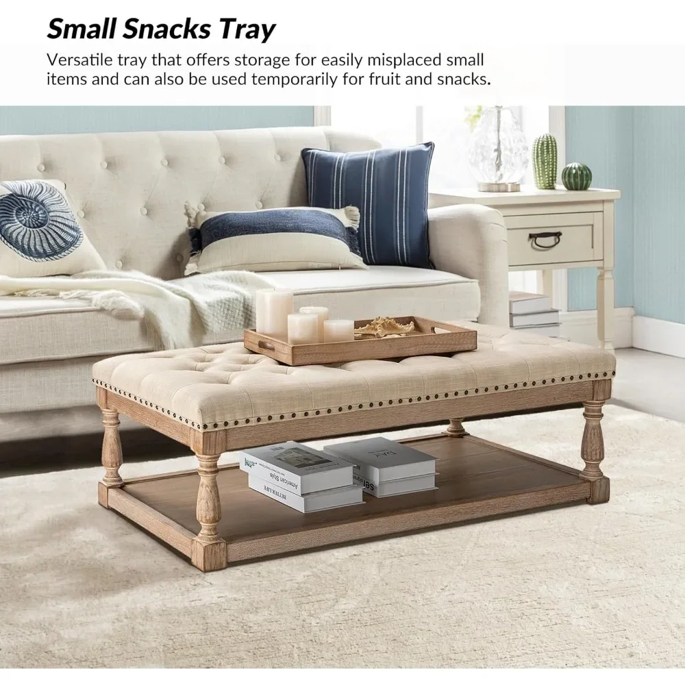 Coffee Table with Tray, Tufted Ottoman with Solid Wood Storage Shelf, Upholstered Large Footrest Ottoman, Living Room Table 5