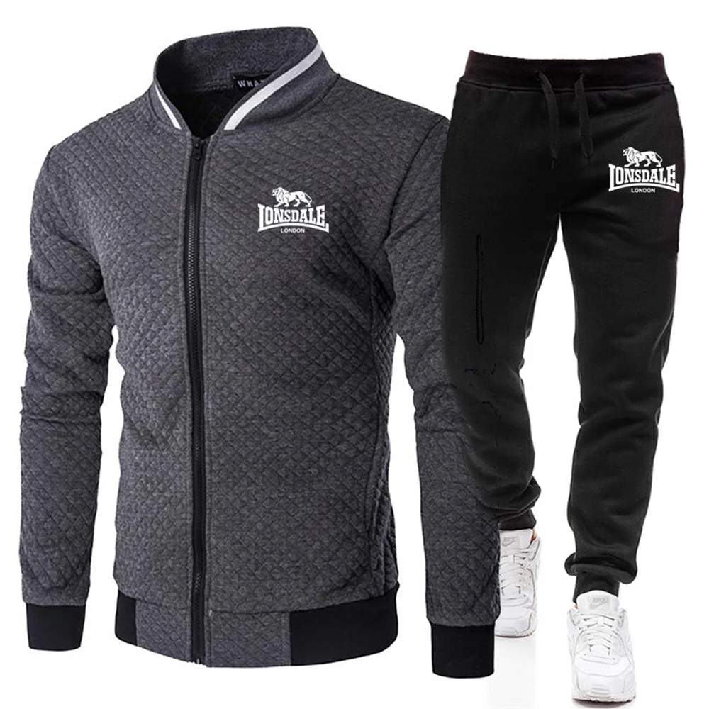 LONSDALE Men's Suit Is Comfortable Warm In Autumn Winter Business  Leisure Collar Zipper Coat+Trousers Men's Sweatshirt Suit