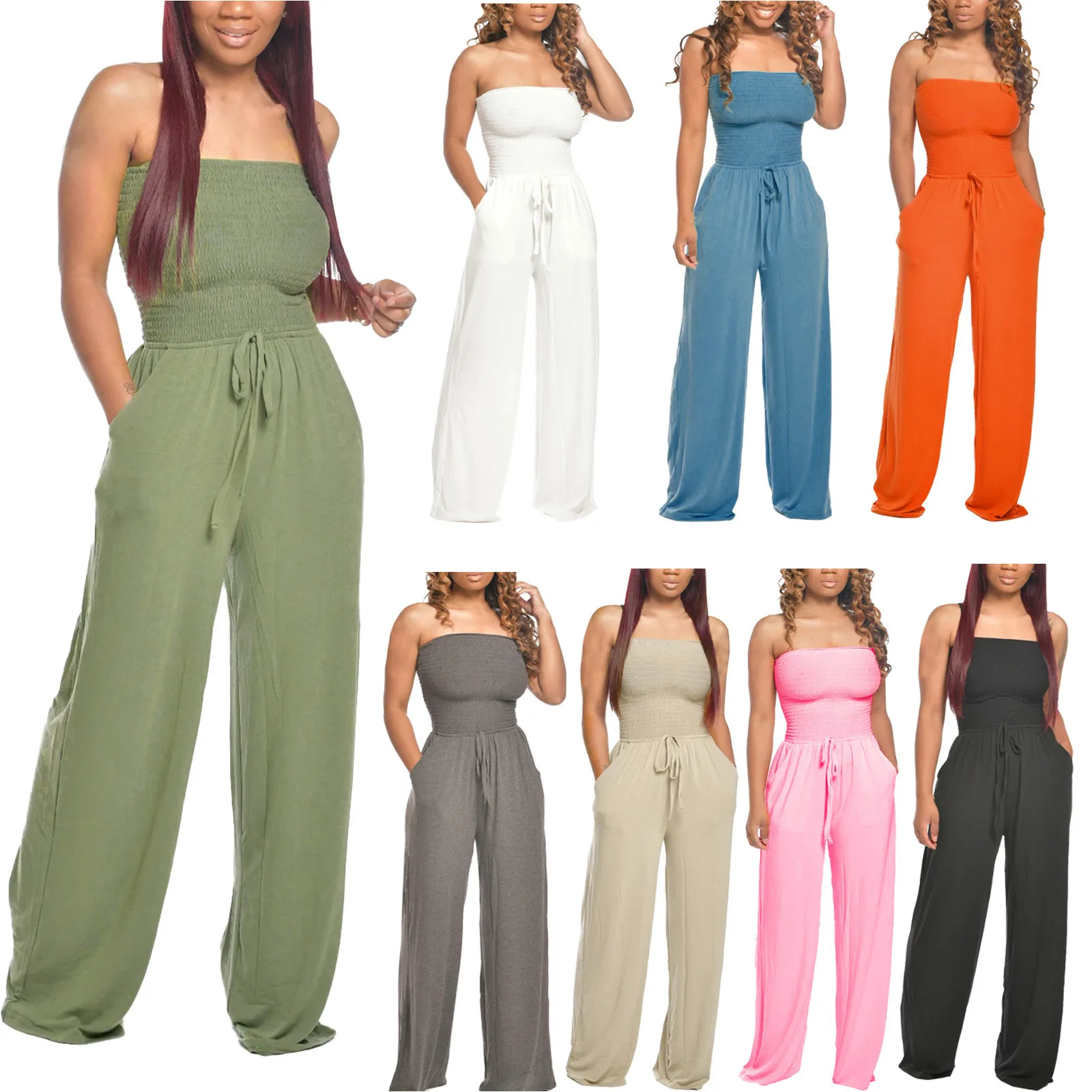 

Summer Bohemian Strapless Jumpsuit Solid Color Off The Shoulder Bandeau Wide Leg Smocking Boho Casual Overall For Women Beach