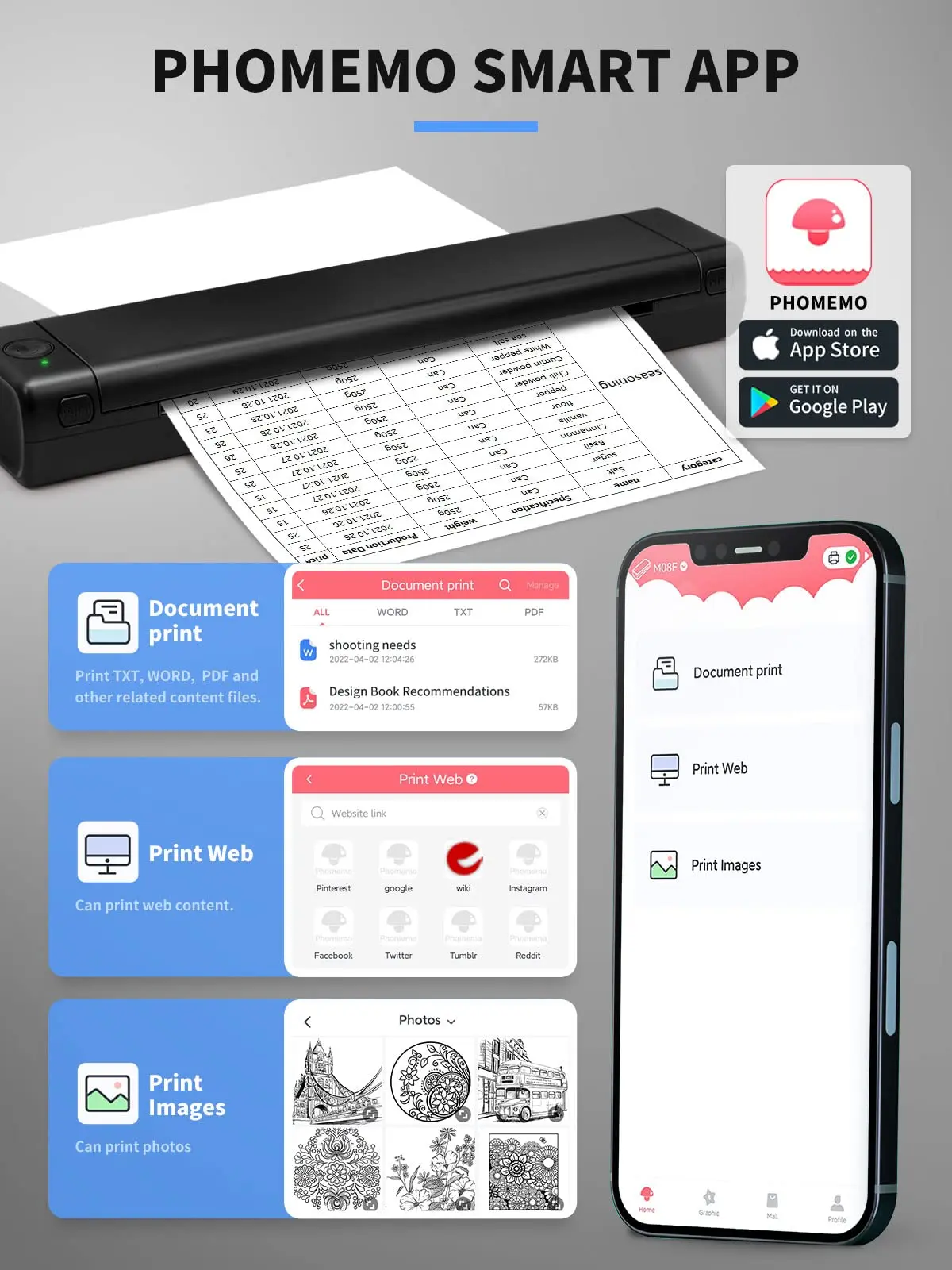 Mophorn Stampante Portatile - Batteria 2600 MAh, Stampante Mobile Bluetooth Senza Inchiostro Per Carta Termica A4 A5 85x11 Compatibile Con Ios Android E Laptop Per Viaggi Ufficio E Casa 85604786