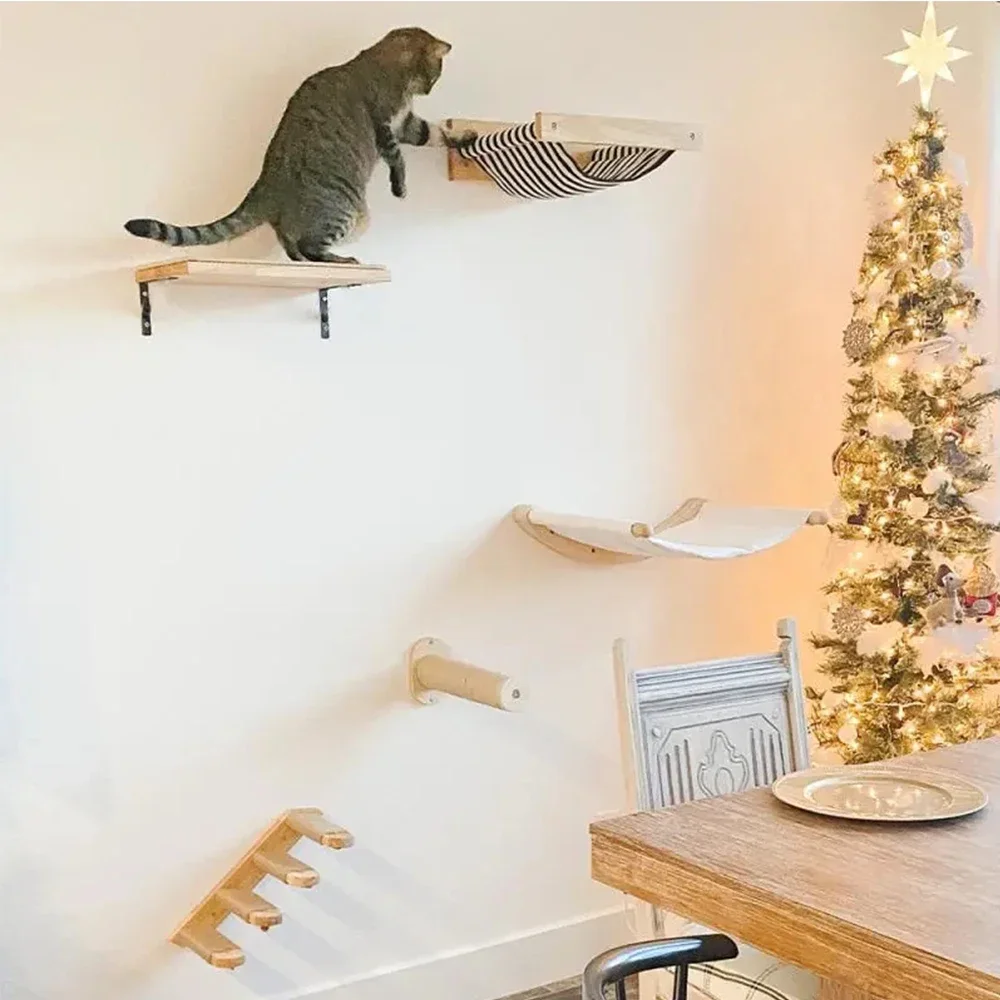 Deluxe Wall-Mounted Cat Activity Center with Climbing Ladder, Hammock, and Sisal Post