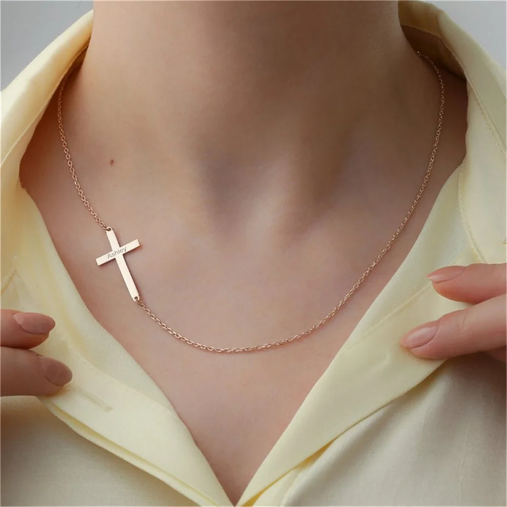 Custom Engraved Name Christian Jesus Cross Necklace For Women Men Stainless Steel Gold Chain Choker Jewelry Prayer Baptism Gifts exquisite 925 silver cross necklace personality pave moissanite jesus god pendant charm jewelry accessories men women gifts