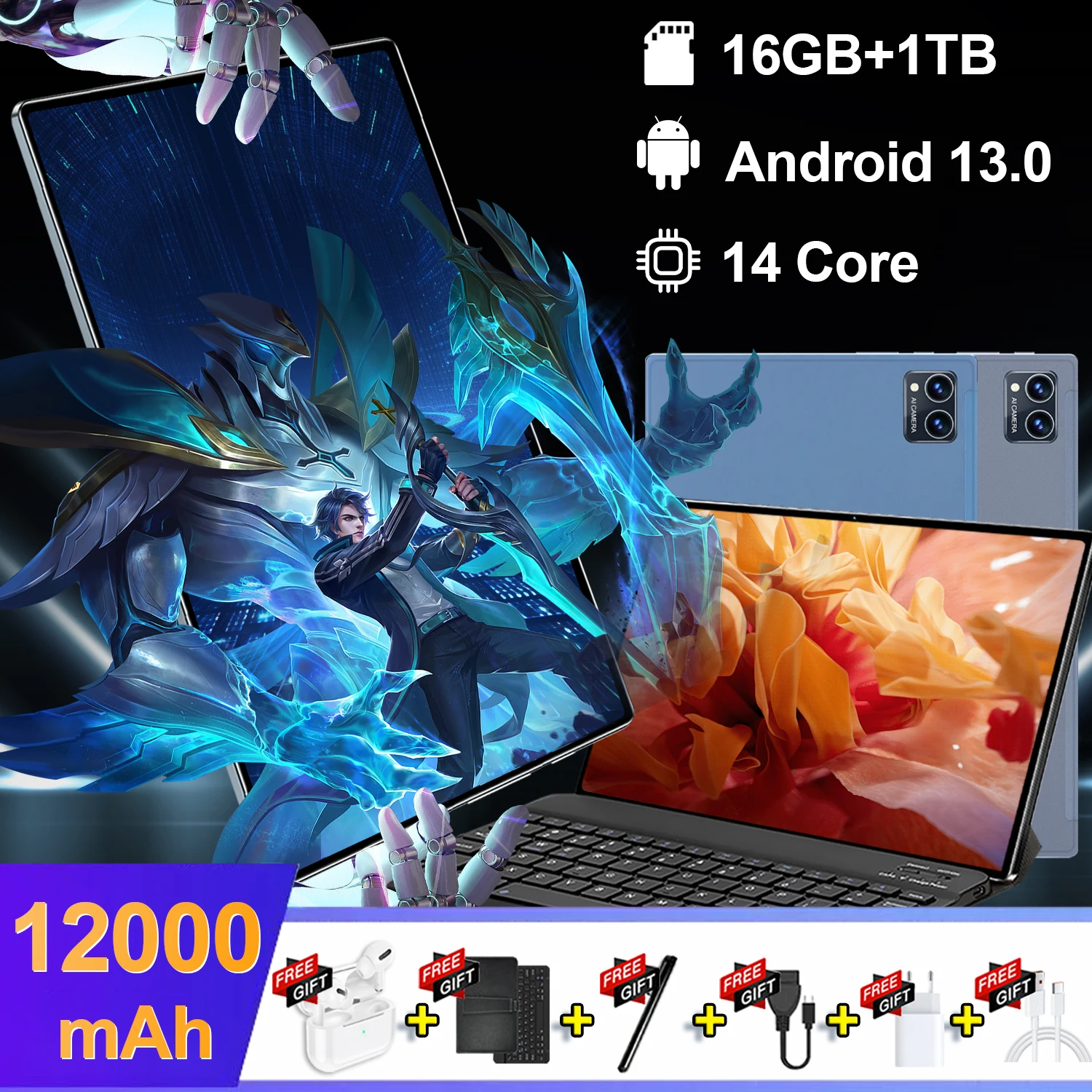 2024 Tablet Android Versione Globale 16Gb + 1Tb Nuova Rete 11.1 Pollici 10 Core Android 13.0 Mtk6797 Tablet Wifi 120000 Mah