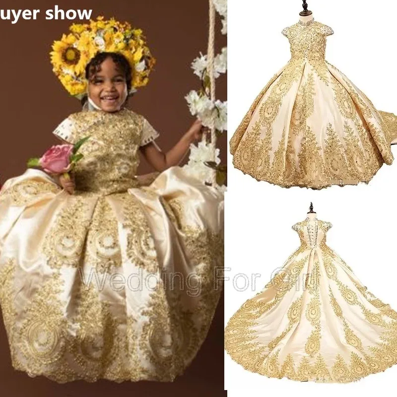 

Real Image Gold Glitz Ball Gown Flower Girl Dresses Princess Little Girls Pageant Dresses Toddler Party Gowns With Beads