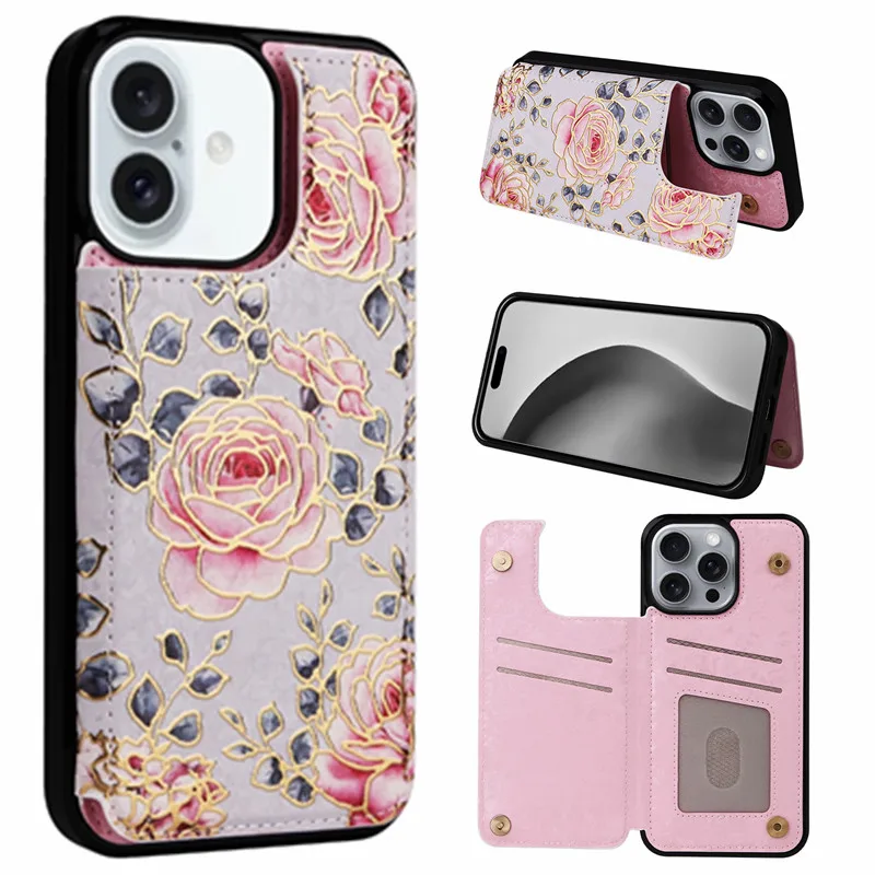Elegant Flower Design Leather Wallet Card Holder Phone Case with Double Buckle Closure