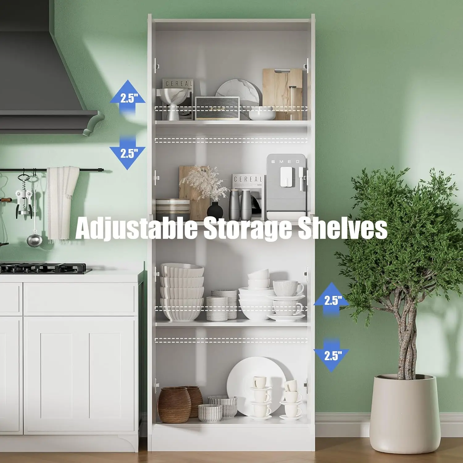 71" Tall Freestanding Pantry Cabinet, 4 Doors with Adjustable Shelves, Larder & Kitchen Hutch Cabinet