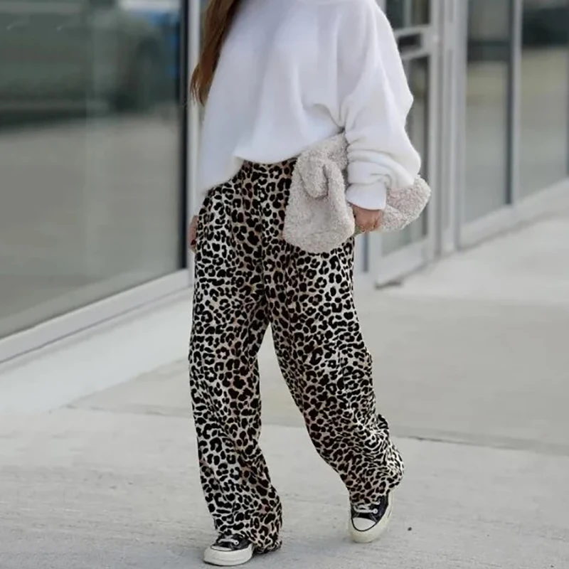 

Женские широкие брюки Y2k с леопардовым принтом, с высокой талией, модные повседневные свободные брюки на шнуровке, женская летняя уличная одежда