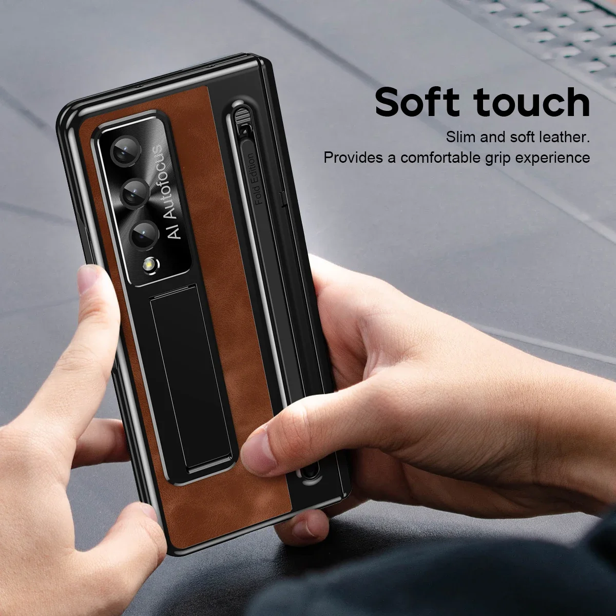 Retro Leather Folding Stand Phone Case For Samsung Galaxy Z Fold 4 Galaxy Z Fold 5 Matching pens Retro Support Fold Phone Covers