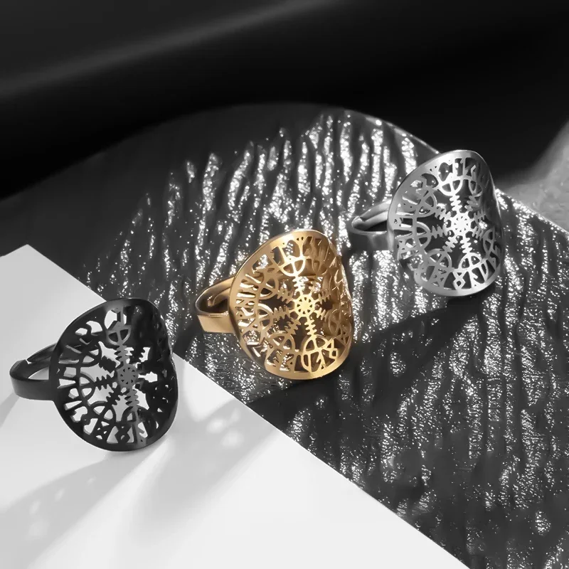 Stainless Steel Nordic Compass Awe Rune Open Adjustable Ring Suitable for Men and Women Personalized Punk Trend Jewelry