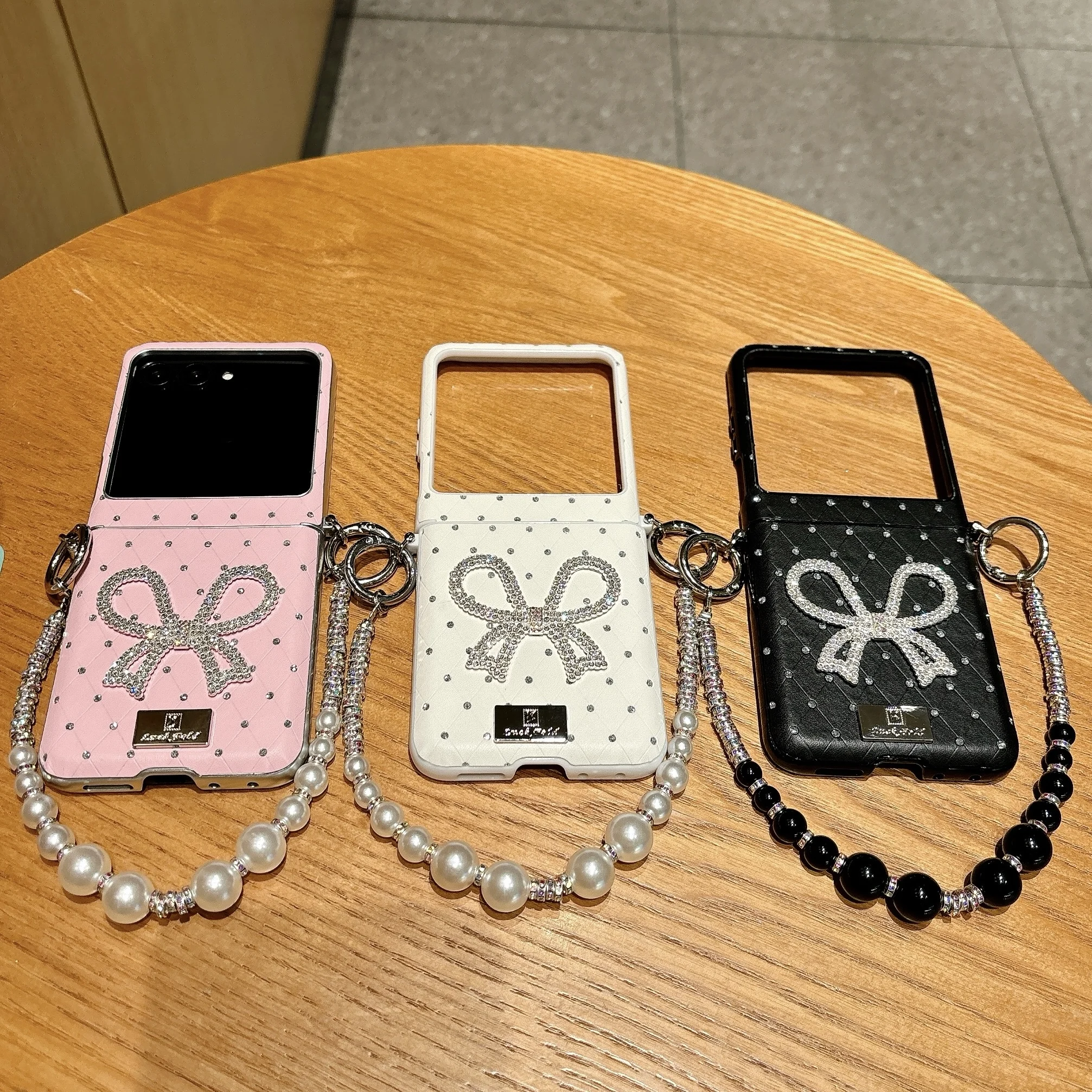 Cute Glitter Bowknot Rhinestone Flip Phone Case with Chain, Rhombus Design