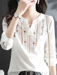 Women Spring Autumn White Blouses Tops Lady Casual Embroidery V-Neck Long Sleeve Vintage Loose Blusas Tops