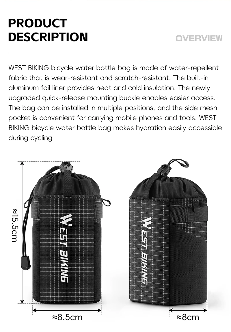 WEST BIKING Isolierte Wasserflaschentasche Schnellverschluss-Fahrradtasche mit Netztasche für Rennrad, Cityrad, Faltrad, Fahrradzubehör – Detail 2