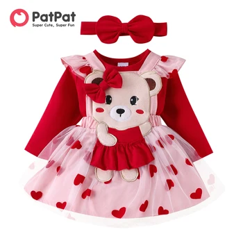 PatPat 여아용 귀여운 곰 패치, 자수 하트, 3D 긴팔 드레스 세트, 3 개