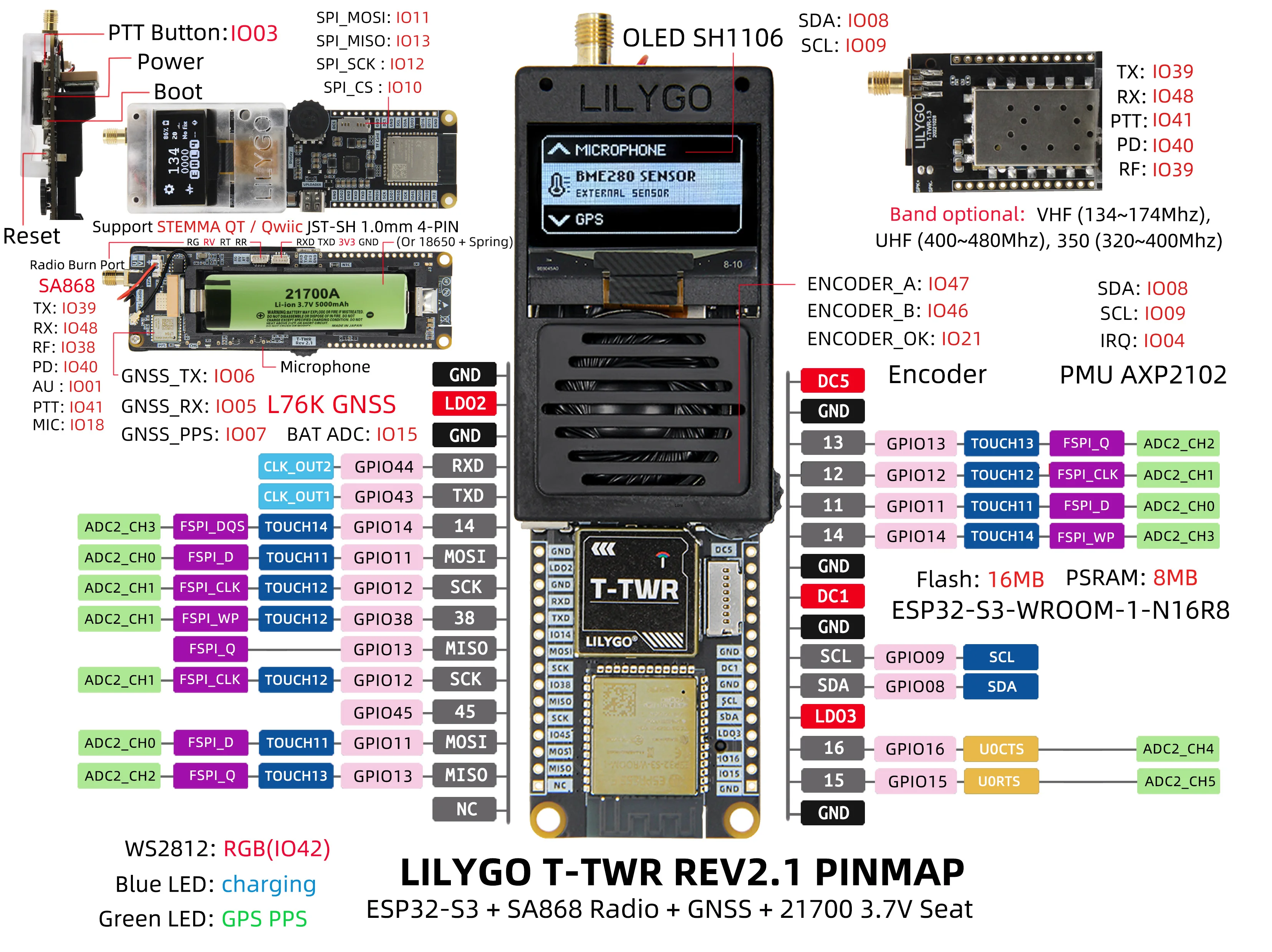 LILYGO® T-TWR REV2.1 ESP32-S3 walkie-talkie entwicklungs board l76k gnss modul mit 1,3 zoll oled pmu axp2102 batterie halter gps – Detail 4