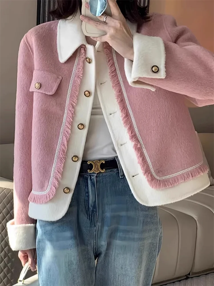 

New Elegant Double Sided cashmere Coat Women Korean Polo Collar Short Jackets Spring Autumn Streetwear All Match Casual Outerwea