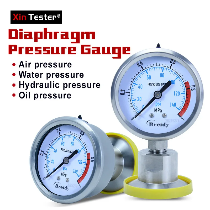 

Xin Tester 0-2.5Mpa Air Glycerol Free Pressure Gauge Dia 60mm Stainless Steel Diaphragm Oil water Hydraulic Gauge YTP60
