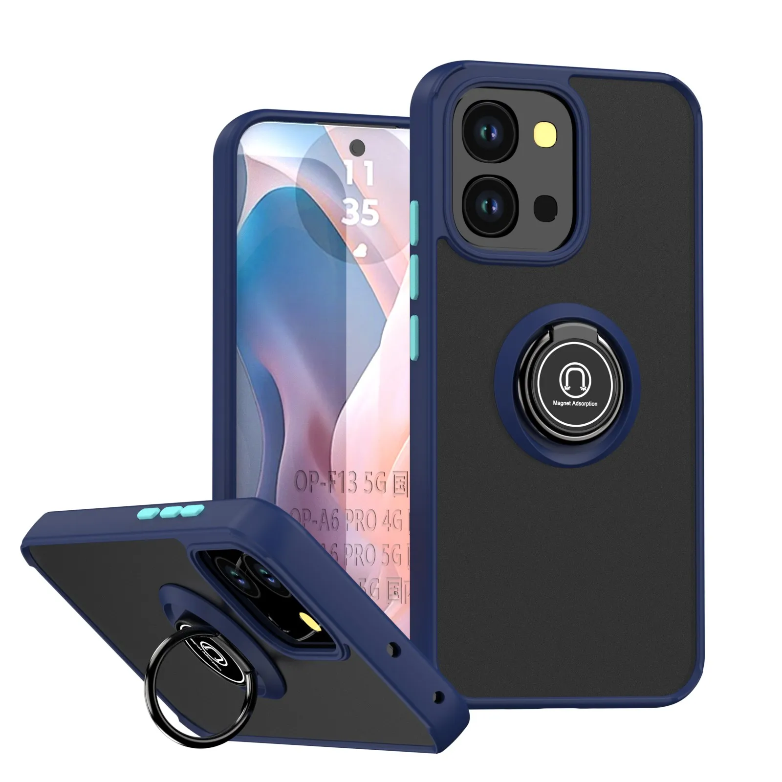 Shockproof Silicone Bumper with Metal Ring Holder - Matte Back Hard Phone Case