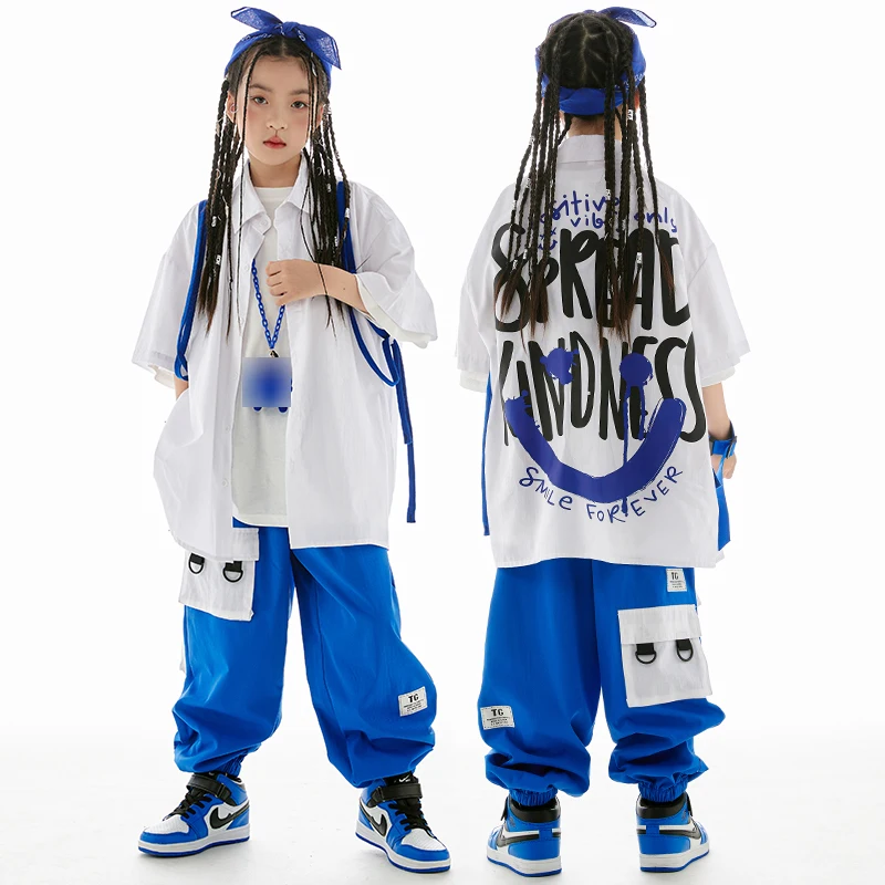 

Children Hip Hop Costume Street Dance Outfits Fashion White Shirt Blue Pants Boys Hiphop Performance Clothes Girls Wear BL10892