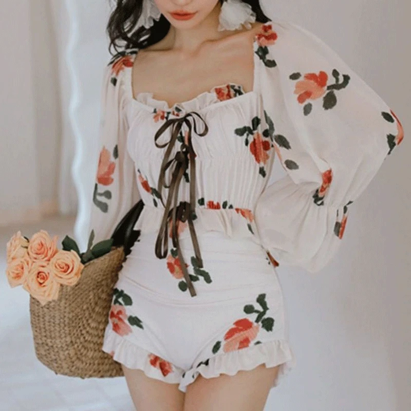 

Women's Conjoined Body Conservative Long Sleeve Pure Desire Fashion Printed Spliced Bow Folds Casual With Chest Pad Swimwears