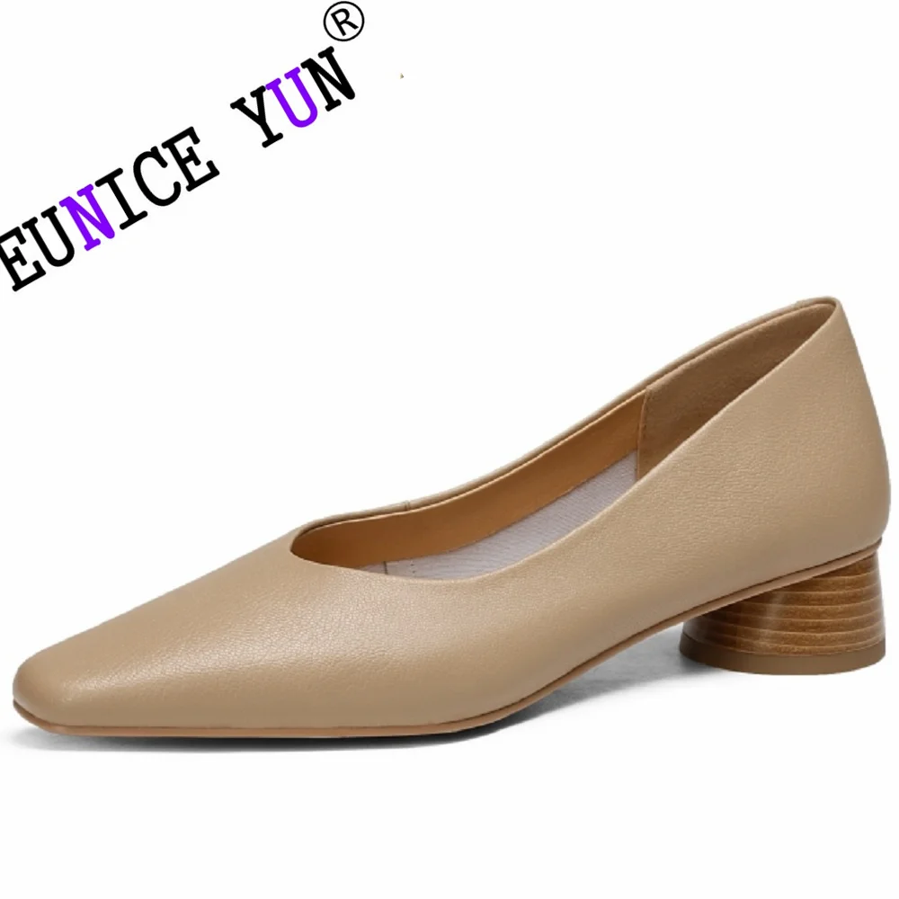 

【EUNICE YUN】Women Brand Genuine Leather Pumps Real Leather Sheepskin High Thick Heels Dress Party Basic Prom Wedding Shoes 34-41