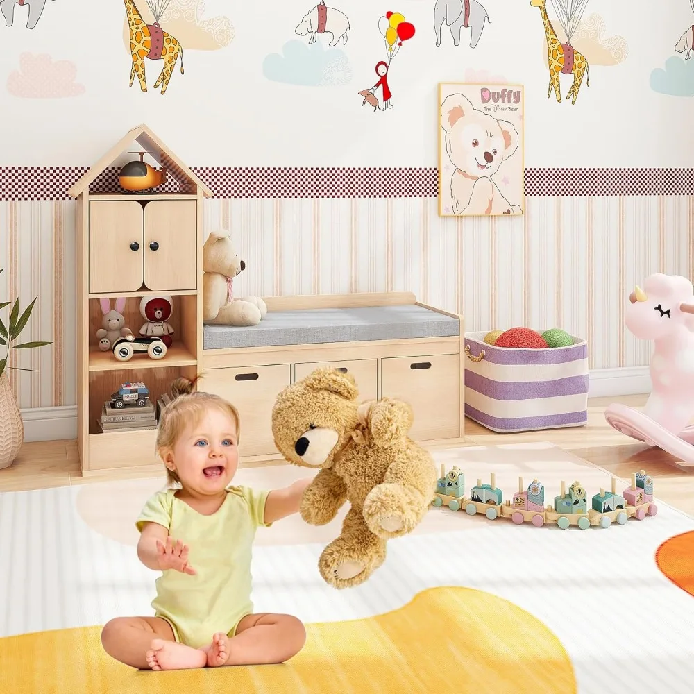 Kids Bookcase and Bookshelf with Reading Nook, Multifunctional Bookcase with 3 Open Storage Cubbies and 3 Drawers