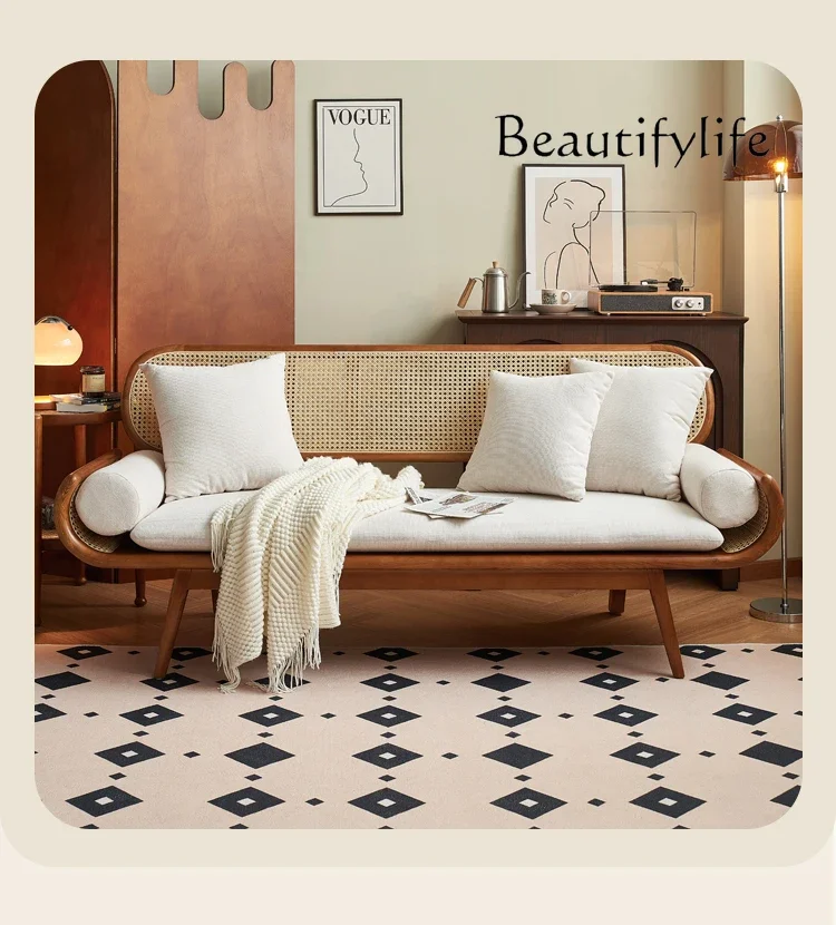 

Nordic Log Vintage Rattan Double Sofa Living Room Leisure Rattan Chair