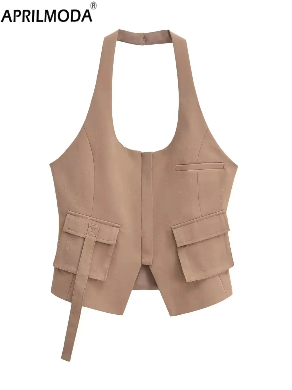 

2024 Однотонный женский винтажный топ на бретельках с карманами и асимметричным подолом, укороченная Повседневная Блузка с открытой спиной