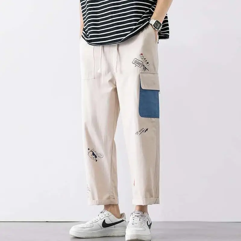 Elegant Fashion Harajuku Slim Fit Ropa Hombre Loose Casual All Match Cropped Pants Patchwork Printed Pockets Straight Leg Pants