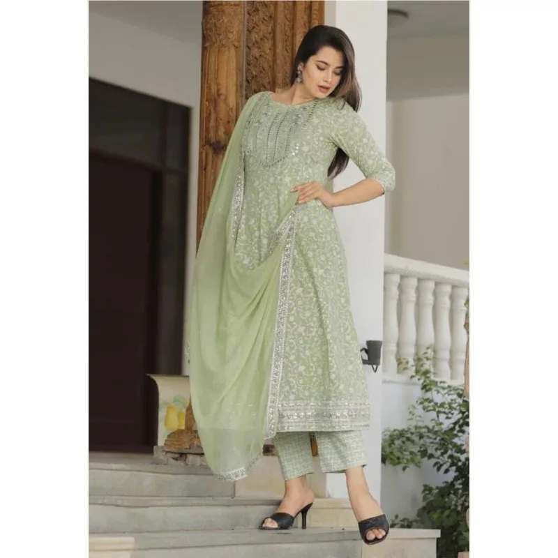 Light Green Kurta Palazzo Dupatta Women Party Wear Handmade Cotton Fabric Kurti Pant