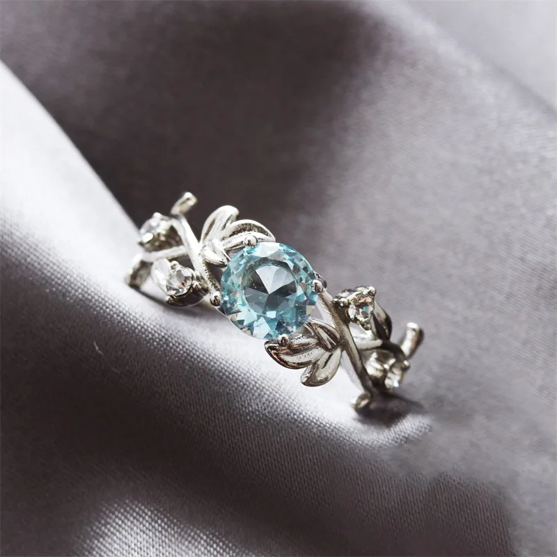 Wedding Rings 925 Silver Plated Blue Crystal Rings For Women Vintage Hollow Leaves Couple Ring