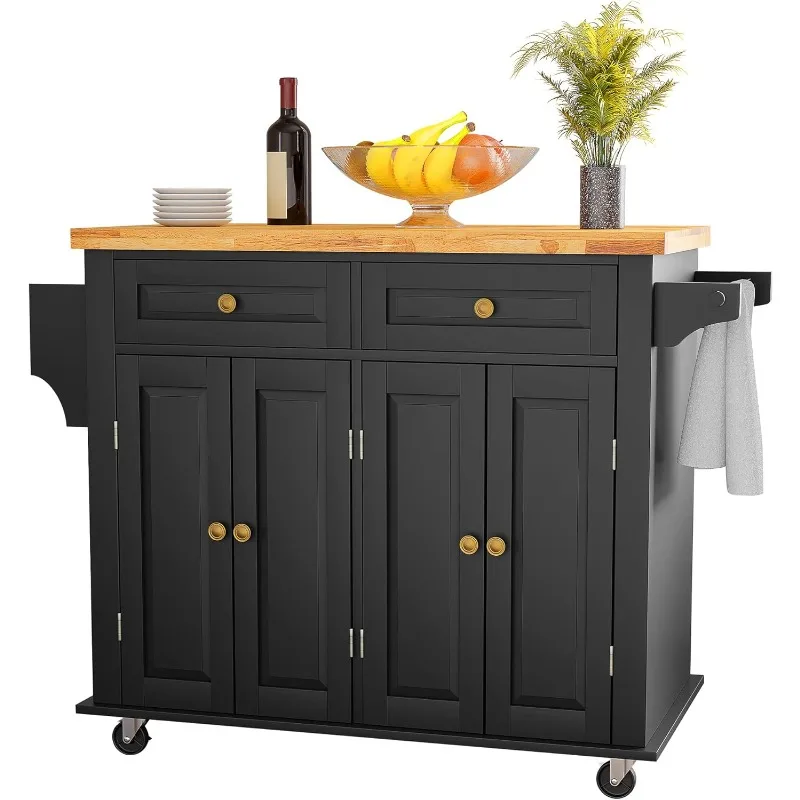 

Kitchen Cart with Rubber Wood Top Breakfast Bar, Rolling Mobile Kitchen Island Table on Wheels with Drawer and Storage Cabinet