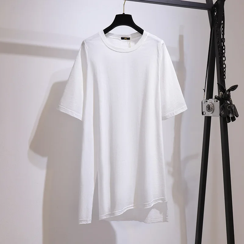

Good Quality Summer Solid Color Plus Size Women's Round Neck Cotton Asymmetrical T-shirt Skirt Short Sleeve Loose Hem Slit Dress
