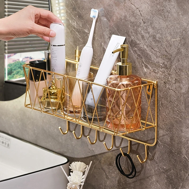 Bathroom Shelf No Drill Wall-Mounted Golden Iron Toiletries Storage Rack With Hook For Shampoo Shower Gel Organizer Shower Shelf 4