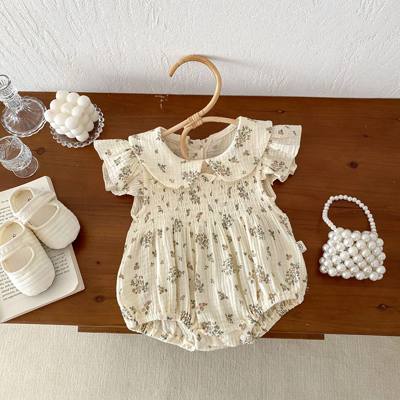 

MILANCEL 2024 Summer Baby Clothes Peter Pan Collar Baby Girls Floral Bodysuit Infant Flying Sleeve One Piece 0-2Y
