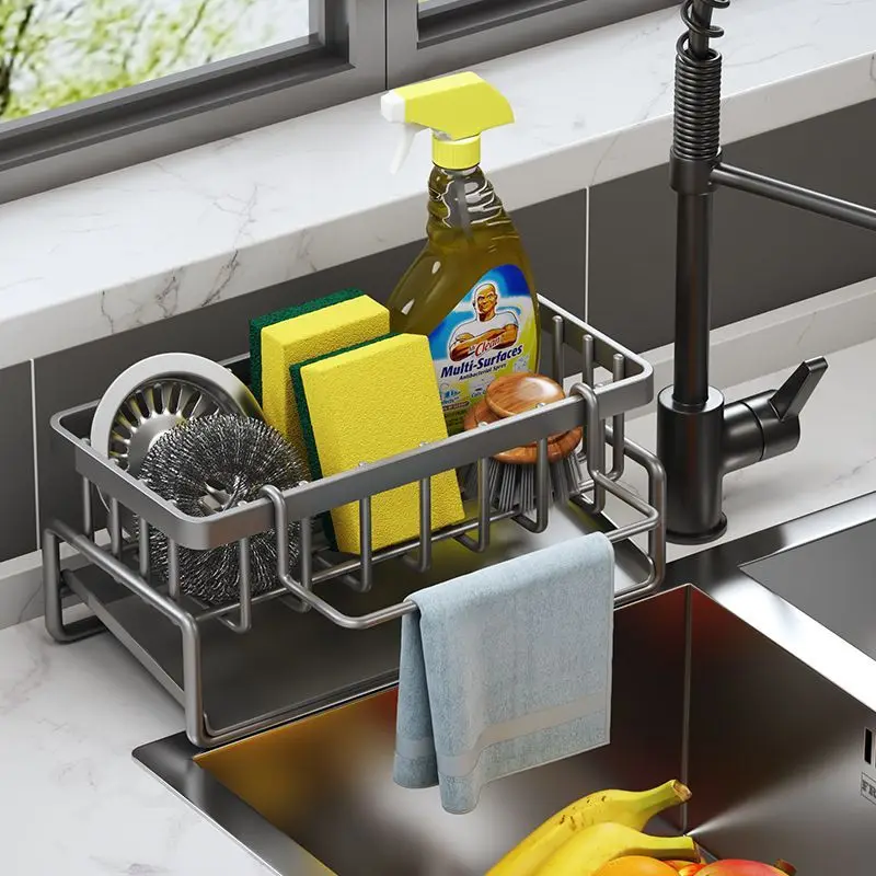 

Kitchen sink dishwashing detergent sponge wipe layout rack drainer ware steel ball sink storage rack