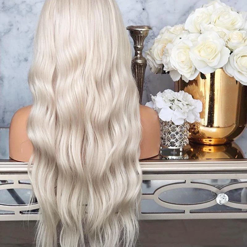 60# Platinum Blonde Wavy Lace Front Wig Long Natural Wave White Blonde Synthetic Lace Front Wig White Heat Resistant