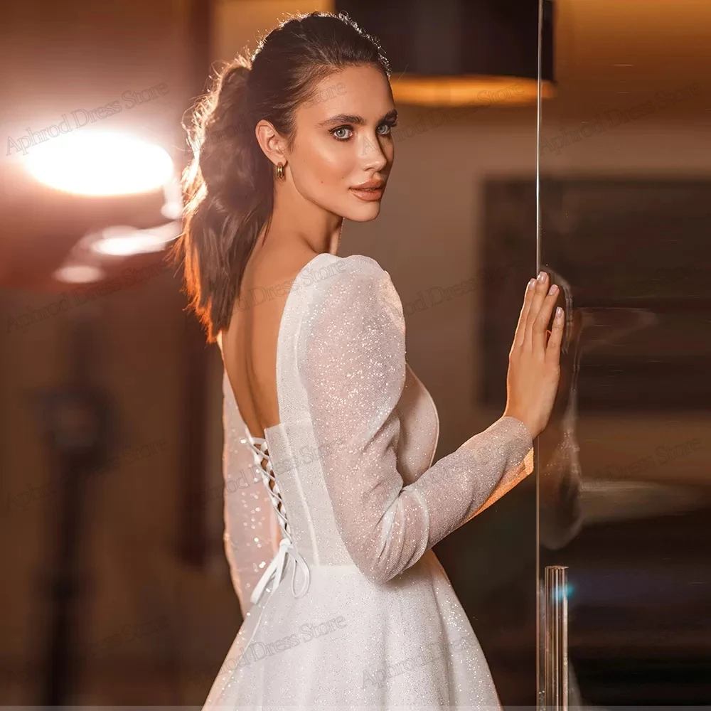 Glitter Wedding Dresses A-Line Bridal Gowns Full Sleeves Robes For Formal Party Square Collar Vestidos De Novia Customized 2025 4