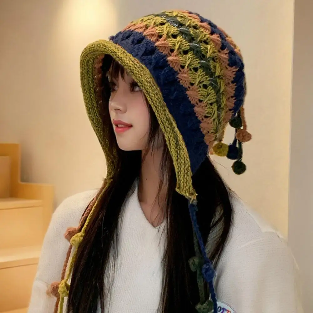 1pc Korean Imitation Handmade Crochet Colored Yarn Hat For Women Winter Fashion Nitted Beanie Cap Hm Earflap Tassel Pompom Hat women hat