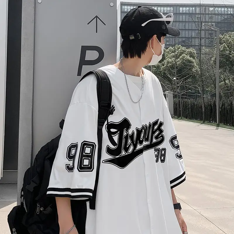 Baseball Shirt Women and Men Hippe Vintage Oversize Hip Hop Streetwear  Korean Style Short Half Sleeve Button Up Blouse Summer