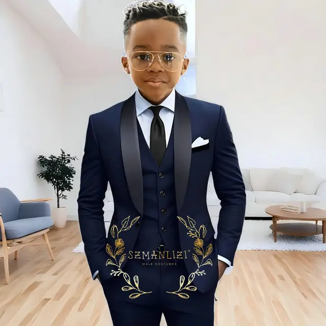 Costume formel bleu marine pour garçons, veste, pantalon, gilet, ensemble 3 pièces, châle, Blazer à revers pour enfants, costumes de smoking de mariage, vêtements de 2 à 16 ans 1